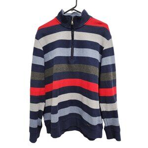 Melka Mens Sweater Size Large Navy Multi Striped 1/4 Zip Pullover Cotton Peppy